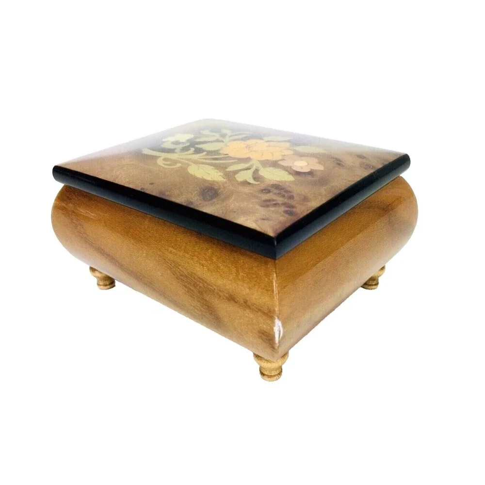 Vintage Wood Inlay Jewelry Box Ercolano Musical Movement Fascination Italy